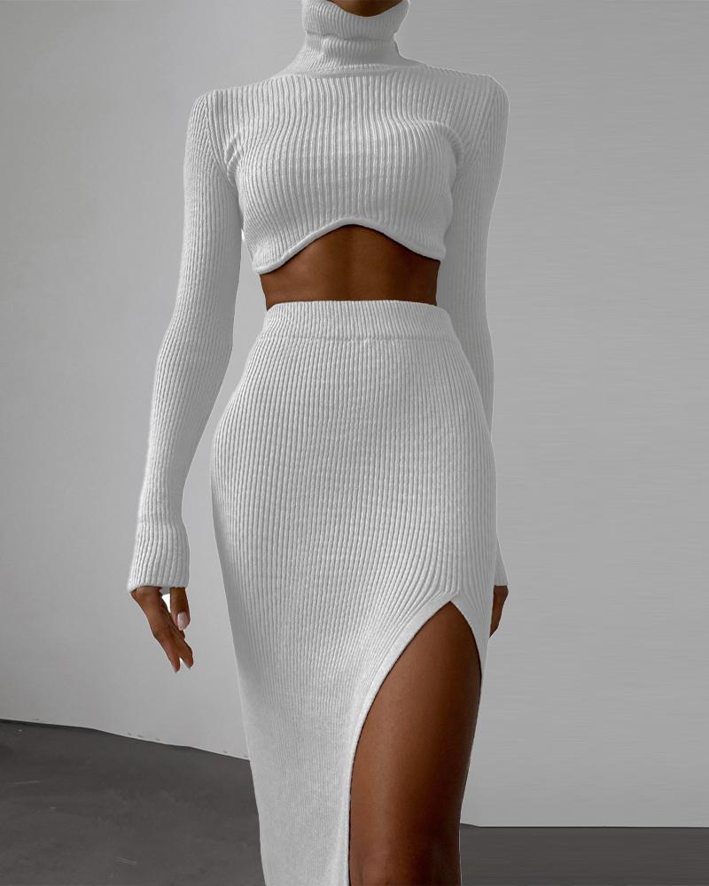 

Ribbed Turtleneck Crop Top & High Slit Skirt Set, White