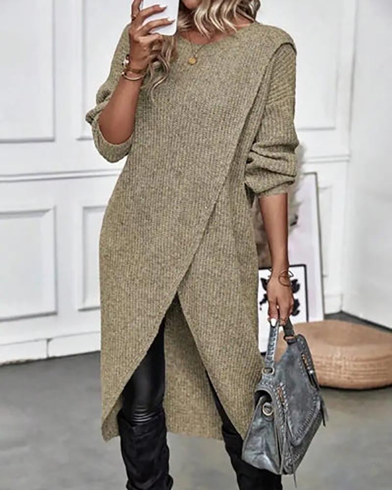 

Round Neck Long Sleeve Slit Wrap Sweater Dress, Khaki