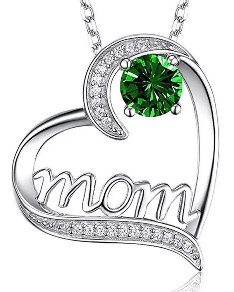 

1pc Mother's Day Fashion Charms Gift Hollow Out Heart Gemstone Letter Mom Pendant Necklace, Green