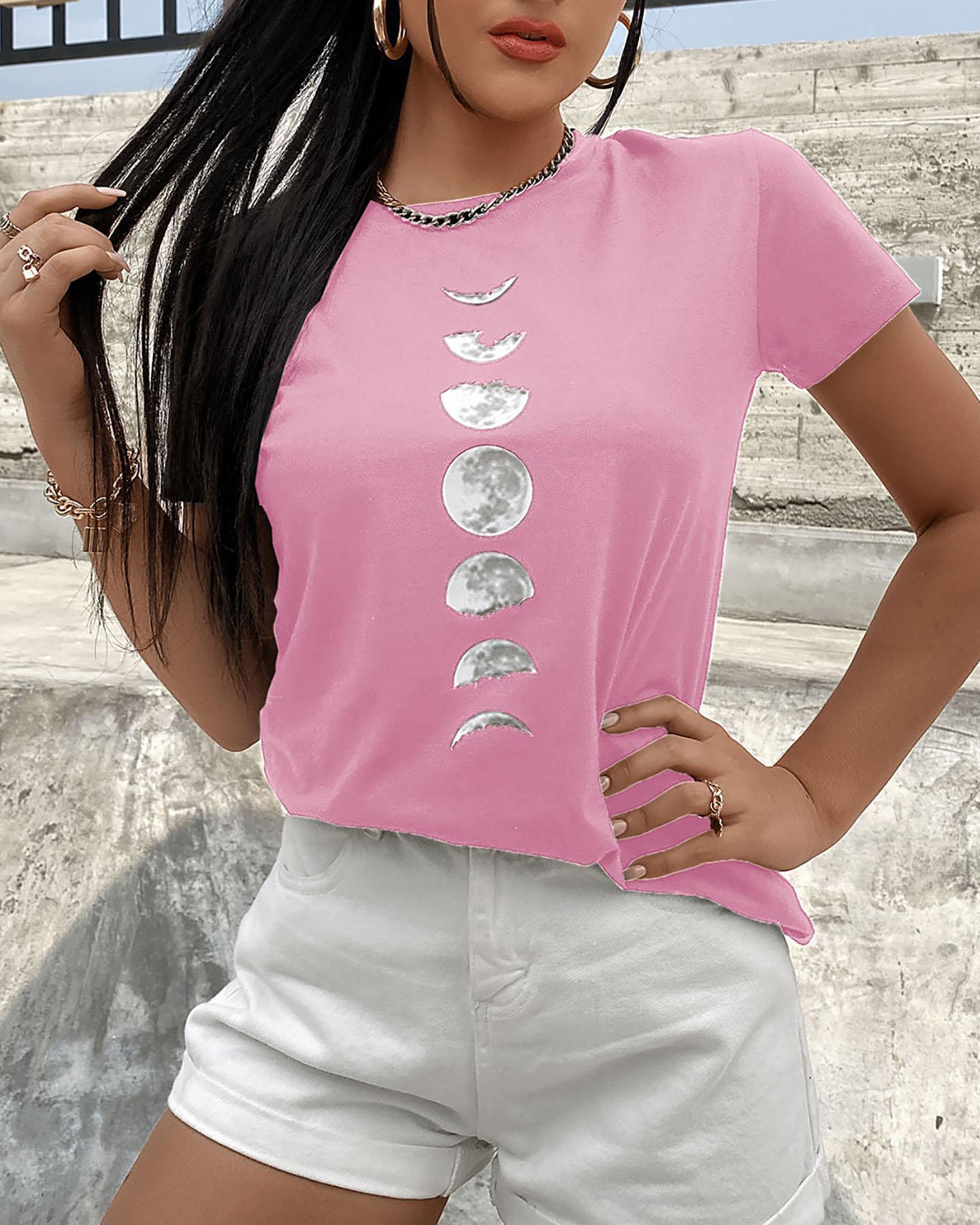 

T shirt Moon Print Short Sleeve Casual Tops Cotton Casual Fashion, Pink