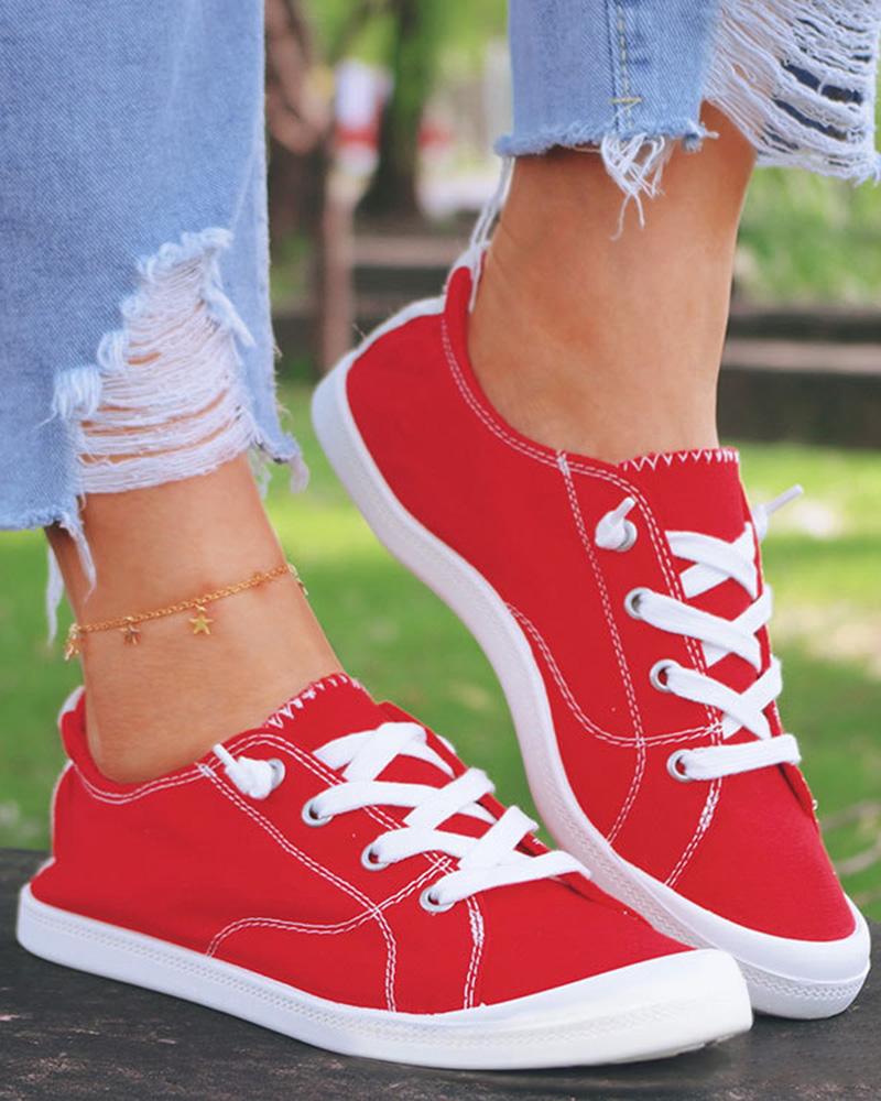 

Contrast Paneled Lace-Up Canvas Sneakers, Red