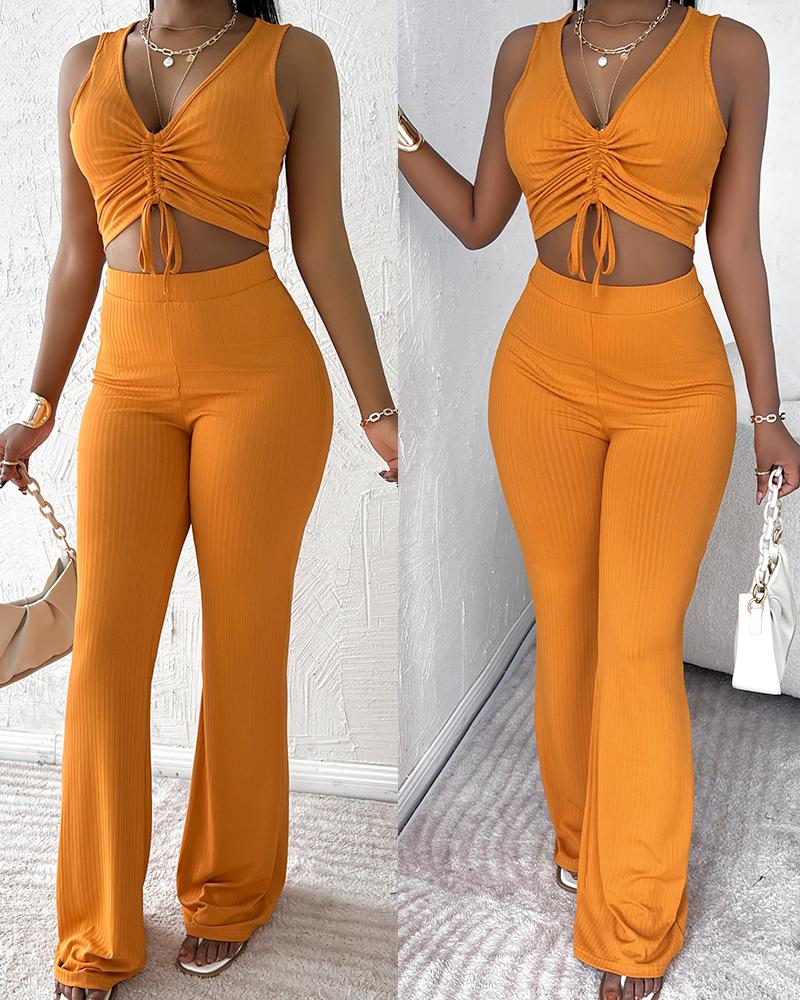 

Ribbed Drawstring Crop Tank Top & Pants Set, Orange