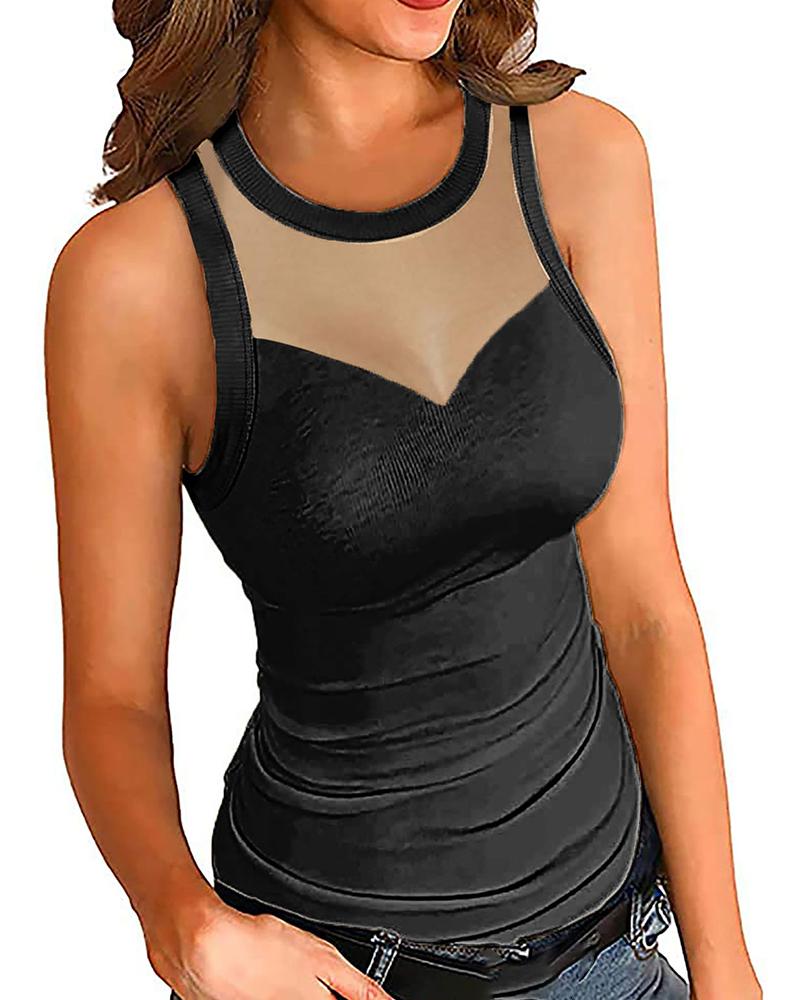 

Round Neck Sheer Mesh Plain Sleeveless Top, Black