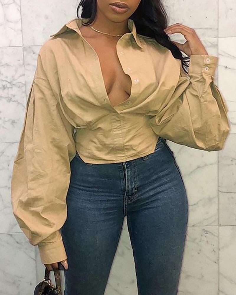 

Button Design Solid Lantern Sleeve Top, Khaki