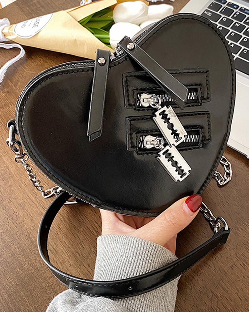 

Zipper Detail Heart Shaped Crossbody Shoulder Bag, Black
