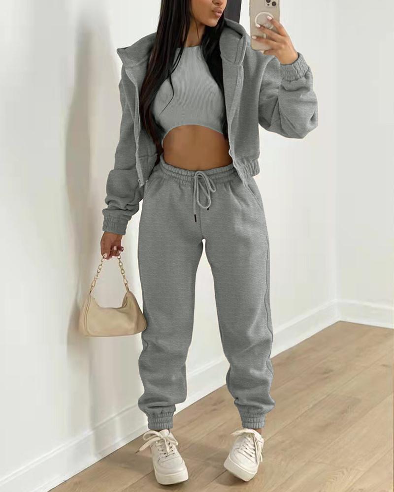 

3PCS Crop Tank Top & Drawstring Pants Set With Coat, Gray