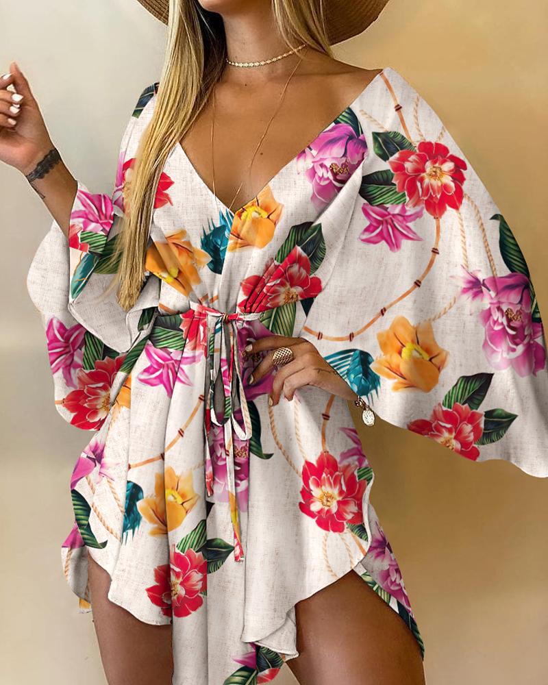 

Floral Print V-Neck Batwing Sleeve Drawstring Mini Dress, Multicolor