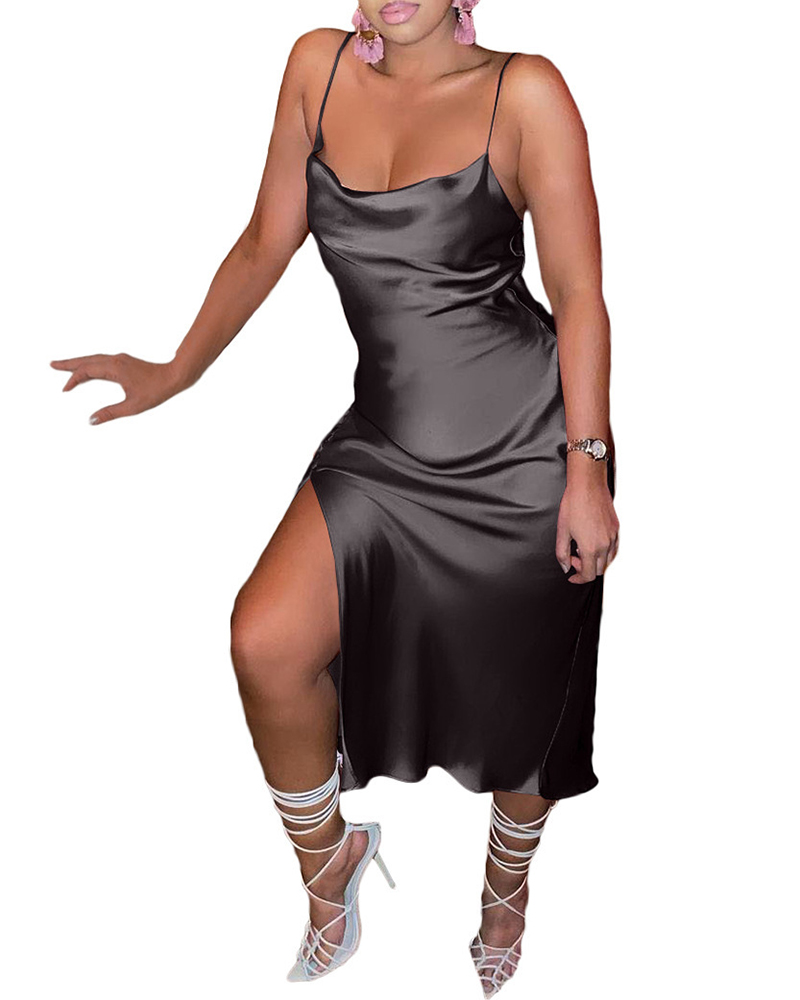 

Spaghetti Strap High Slit Cowl Neck Satin Party Dress, Black