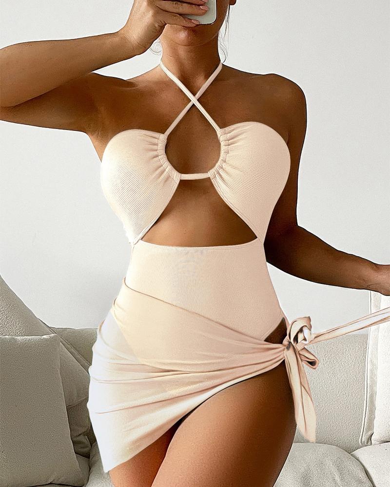 

Cutout Halter One-Piece Swimsuit With Cover Up, Khaki