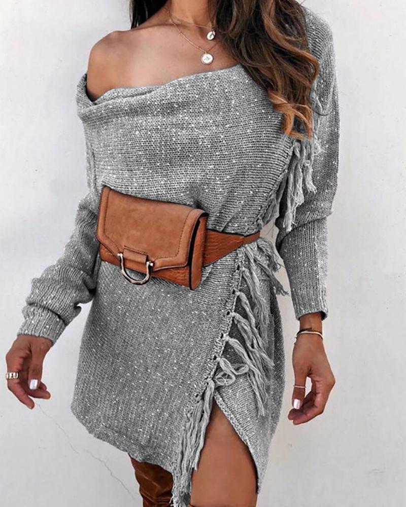 

Solid One Shoulder Tassel Design Sweater Coat, Dark grey