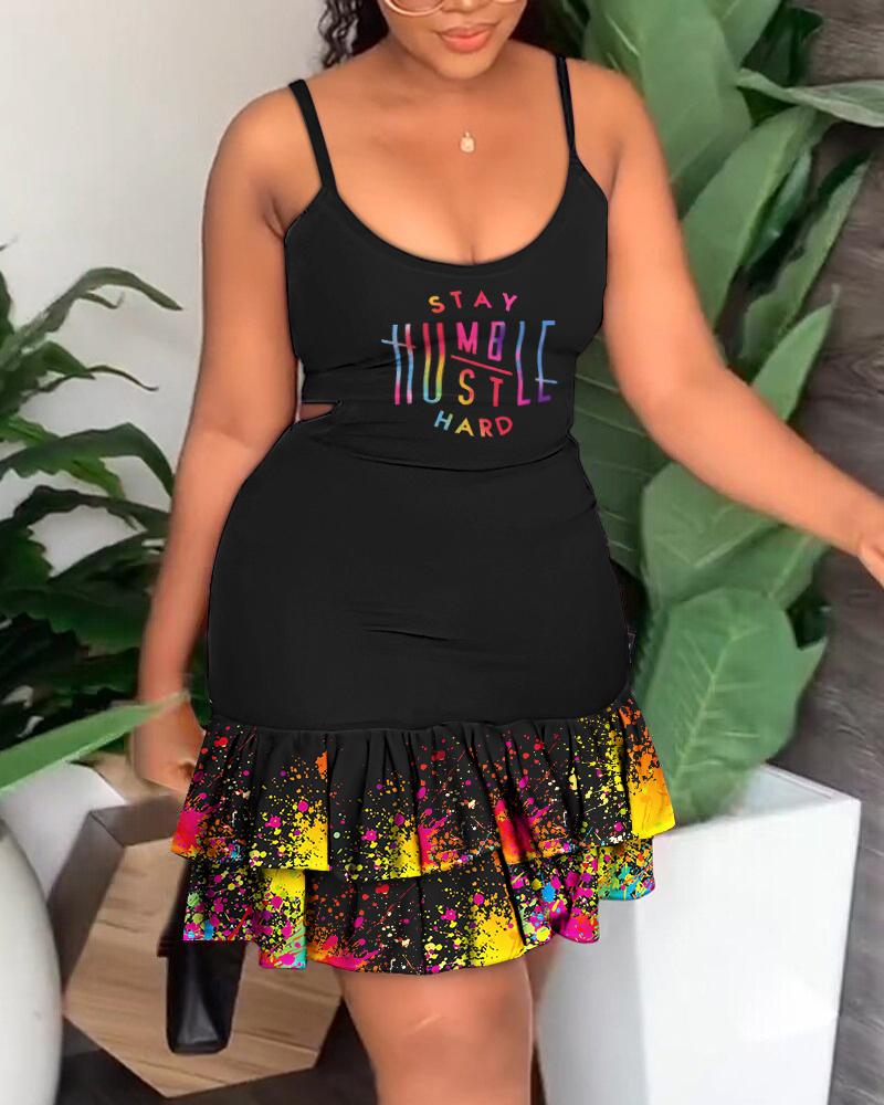 

Stay Humble Hustle Hard Ink Splash Print Layered Ruffle Hem Cami Dress, Black