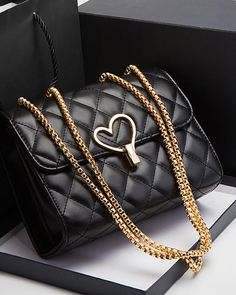 

Heart Pattern Quilted Flap Crossbody Bag, Black
