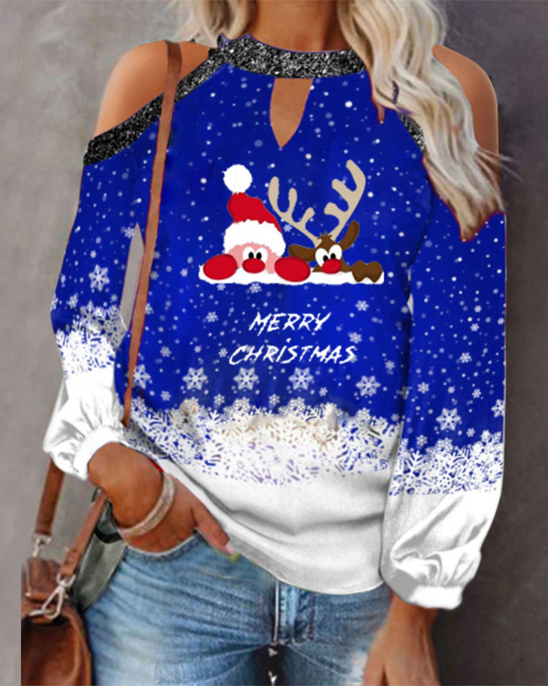 

Merry Christmas Snowflake Cartoon Elk Print Cold Shoulder Top, Blue