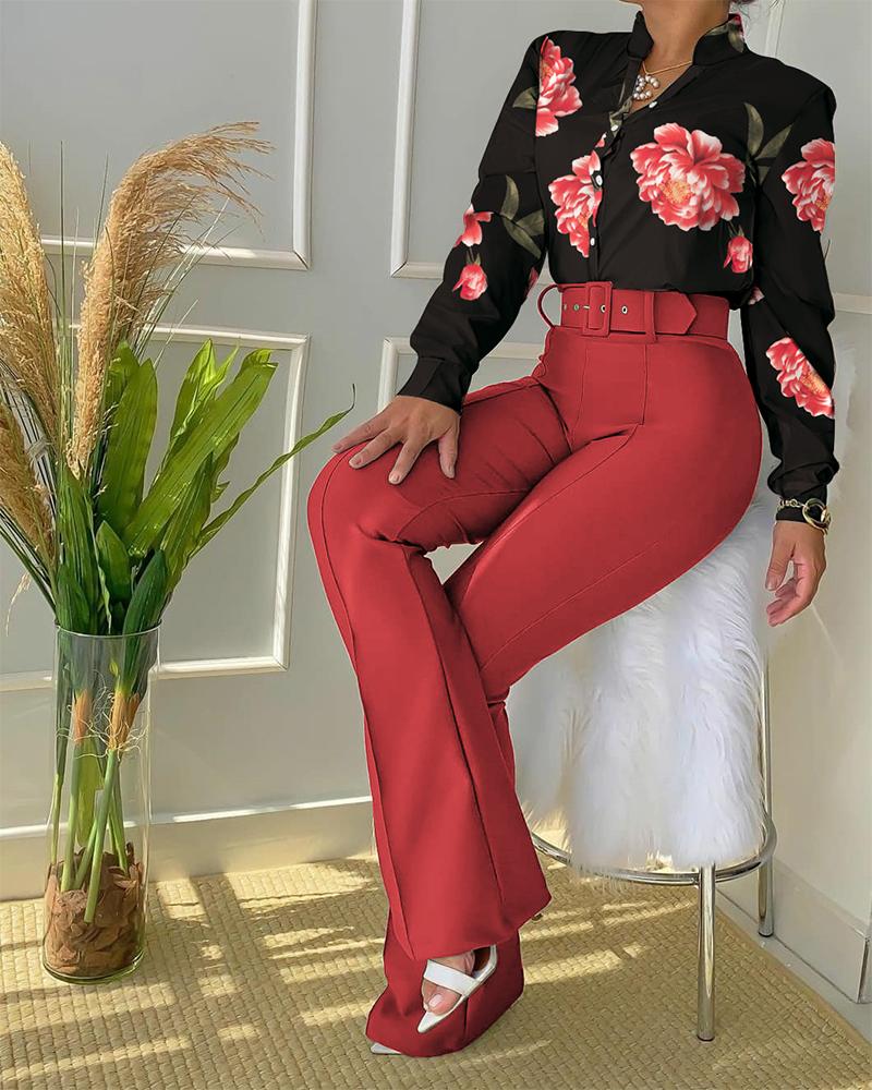 

Floral Print Shirt & Bootcut Pants Set With Belt, Red