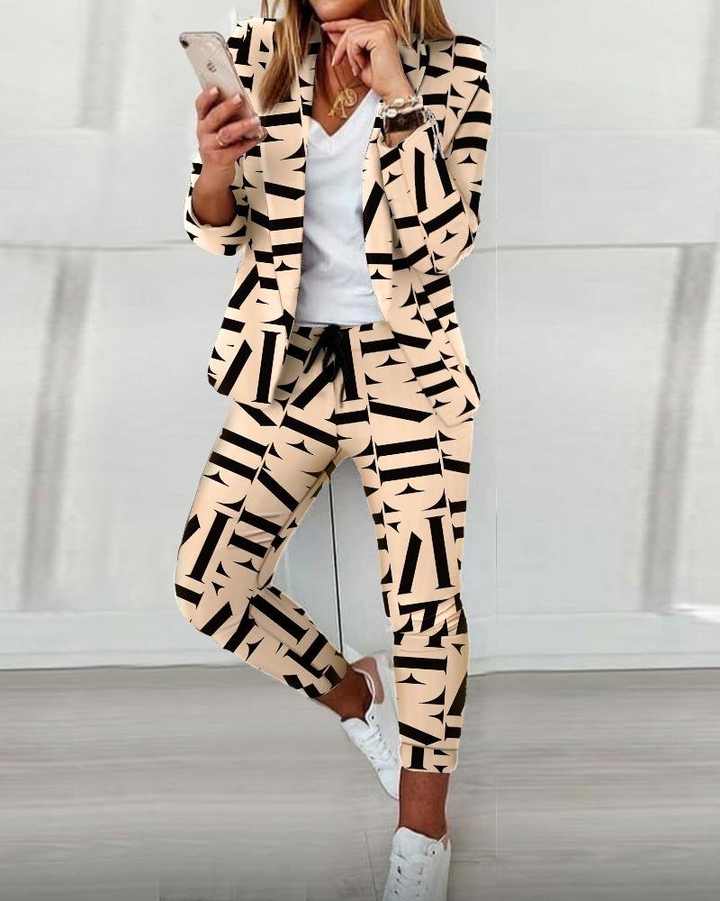 

Letter Print Blazer Coat & Drawstring Pants Set, Apricot