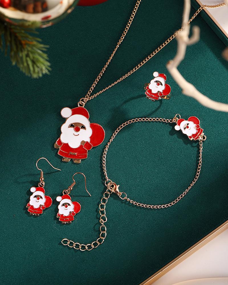 

4pcs Christmas Santa Pendant Necklace & Drop Earrings & Bracelet & Ring Jewelry Set, Red