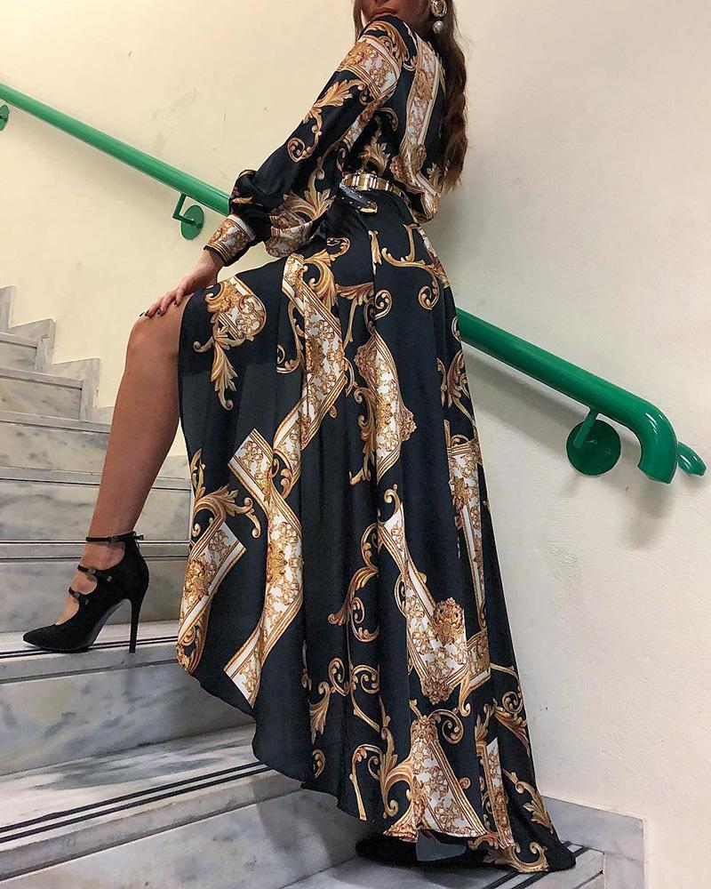 

Baroque Print Lantern Sleeve Maxi Dress, Black