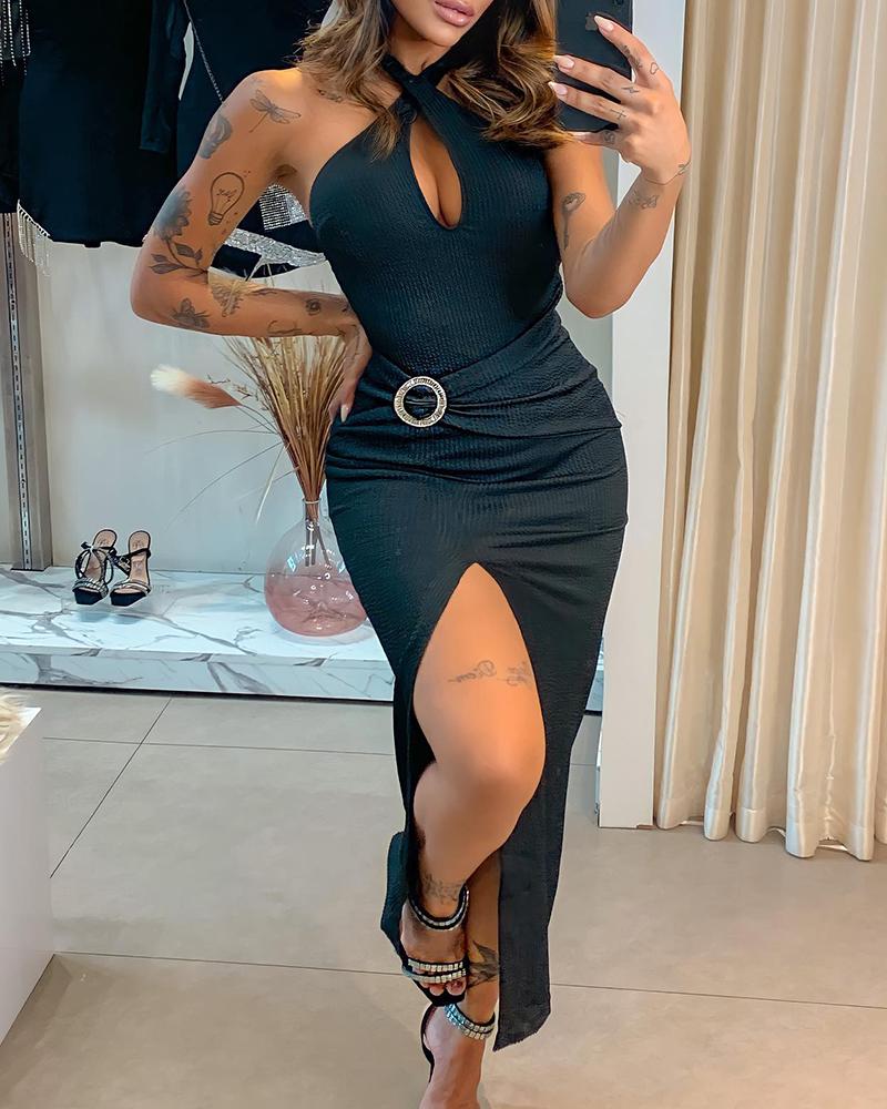 

Halter Slit Hollow Out Ruched Party Dress, Black