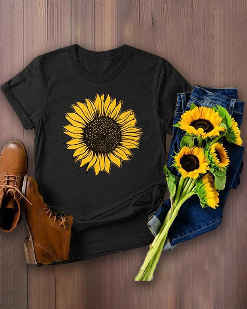

Sunflower Print Short Sleeve T-shirt, Black