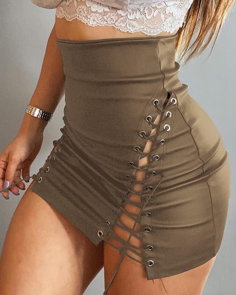 

High Waist PU Leather Eyelet Lace-Up Skirt, Brown