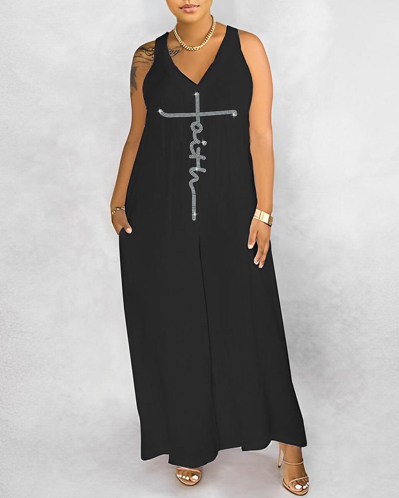 

Rhinestone Faith Pattern Wide Leg Jumpsuit, Black