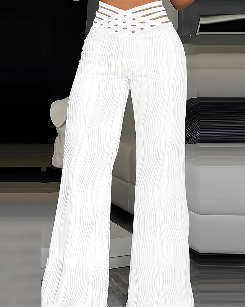 

Overlap Waist Textured Flared Pants, White