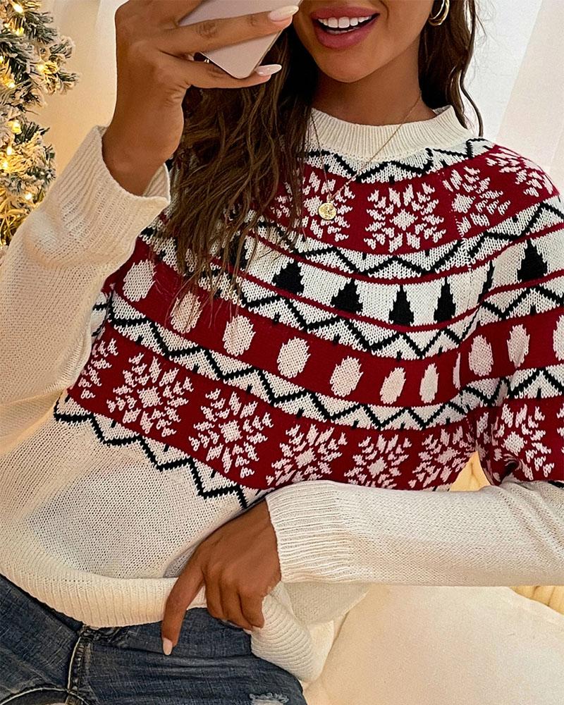 

Christmas Tree Snowflake Chevron Pattern Raglan Sleeve Sweater, Red