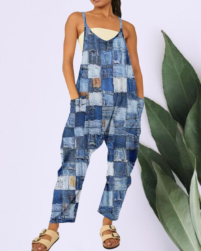 

Denim Look Print Pocket Design Sleeveless Jumpsuit, Blue