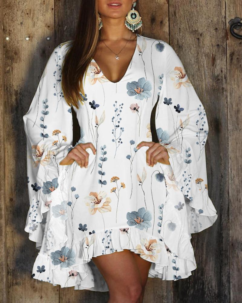 

Floral Print Bell Sleeve Ruffles Casual Dress, White