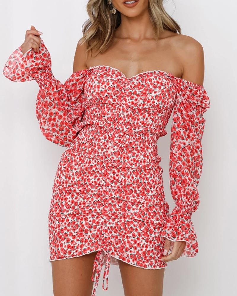 

Colorblock / Plain / Floral Print Ruched Drawstring Bell Sleeve Bodycon Dress, Pink