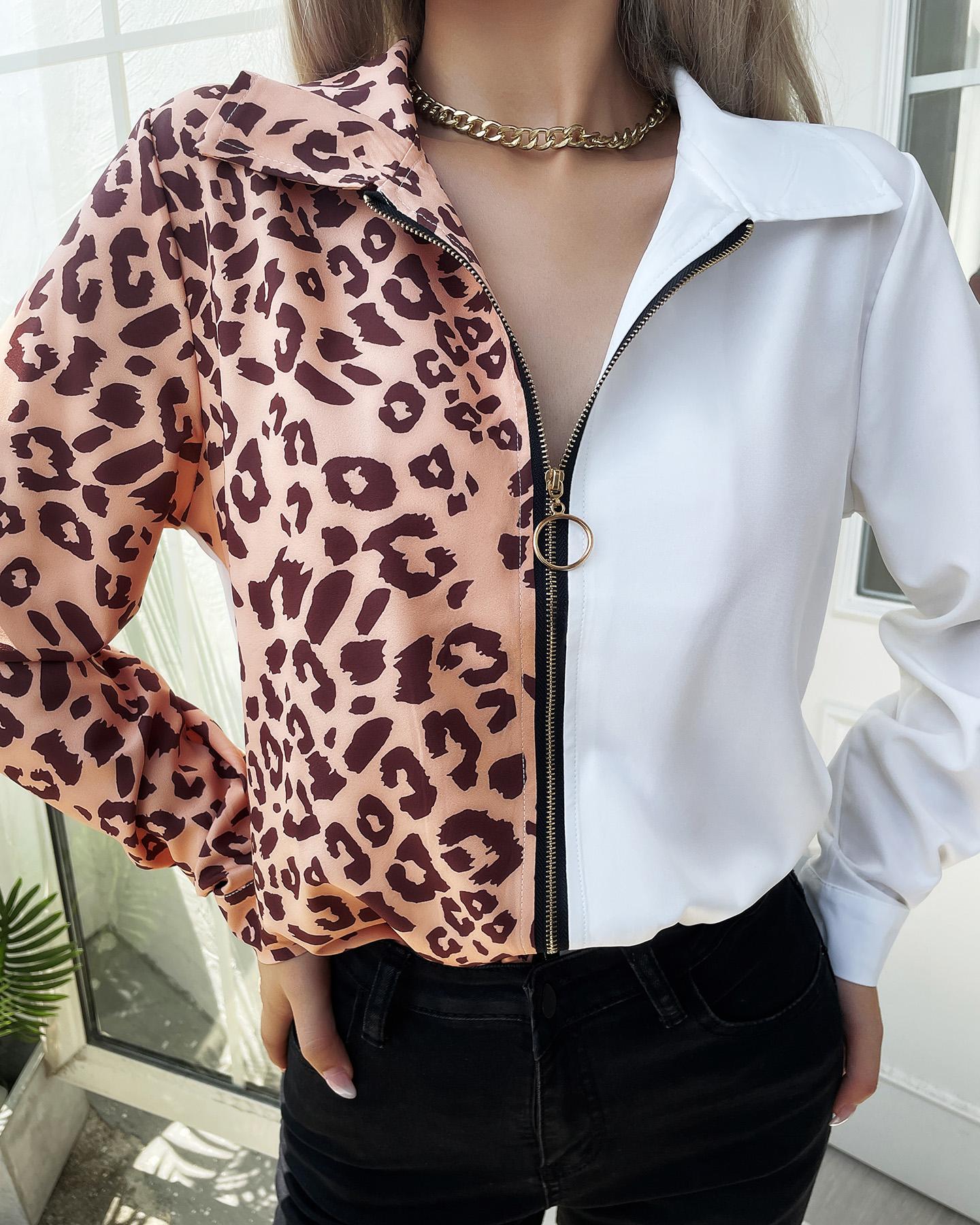 

Leopard Print Long Sleeve Zipper Shirt, Style1