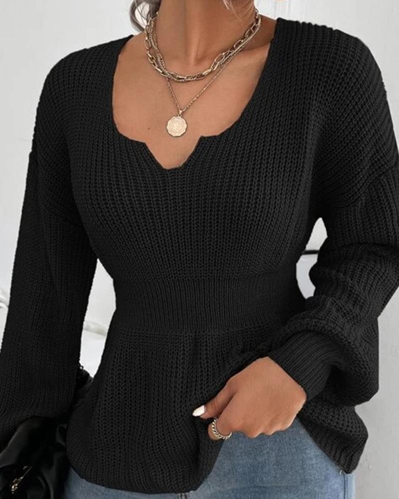 

Lantern Sleeve Chunky Knit Sweater, Black