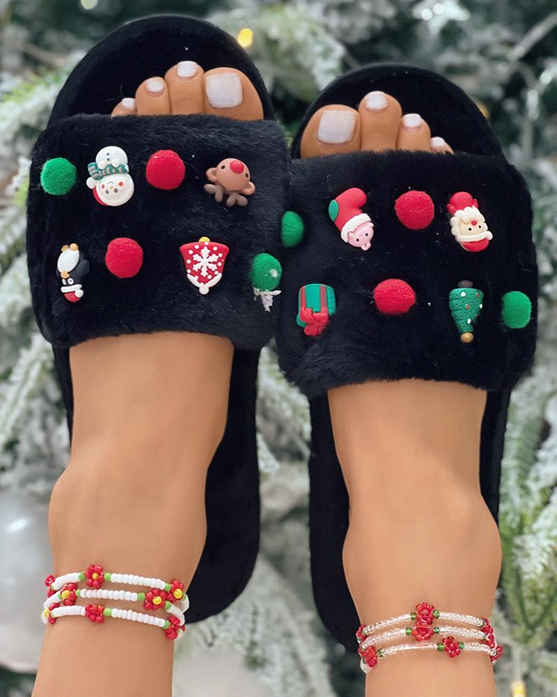 

Christmas Tree Santa Gift Pattern One Strap Fuzzy Slippers, Black
