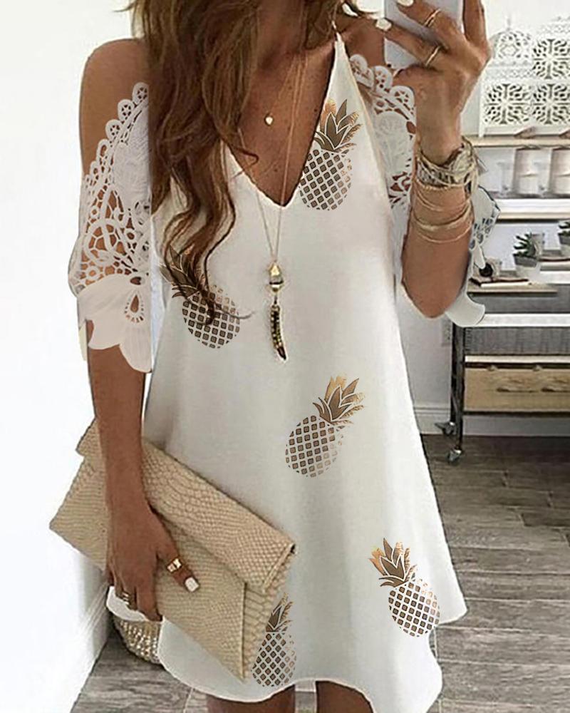 

Pineapple Print Cold Shoulder Lace Dress, White