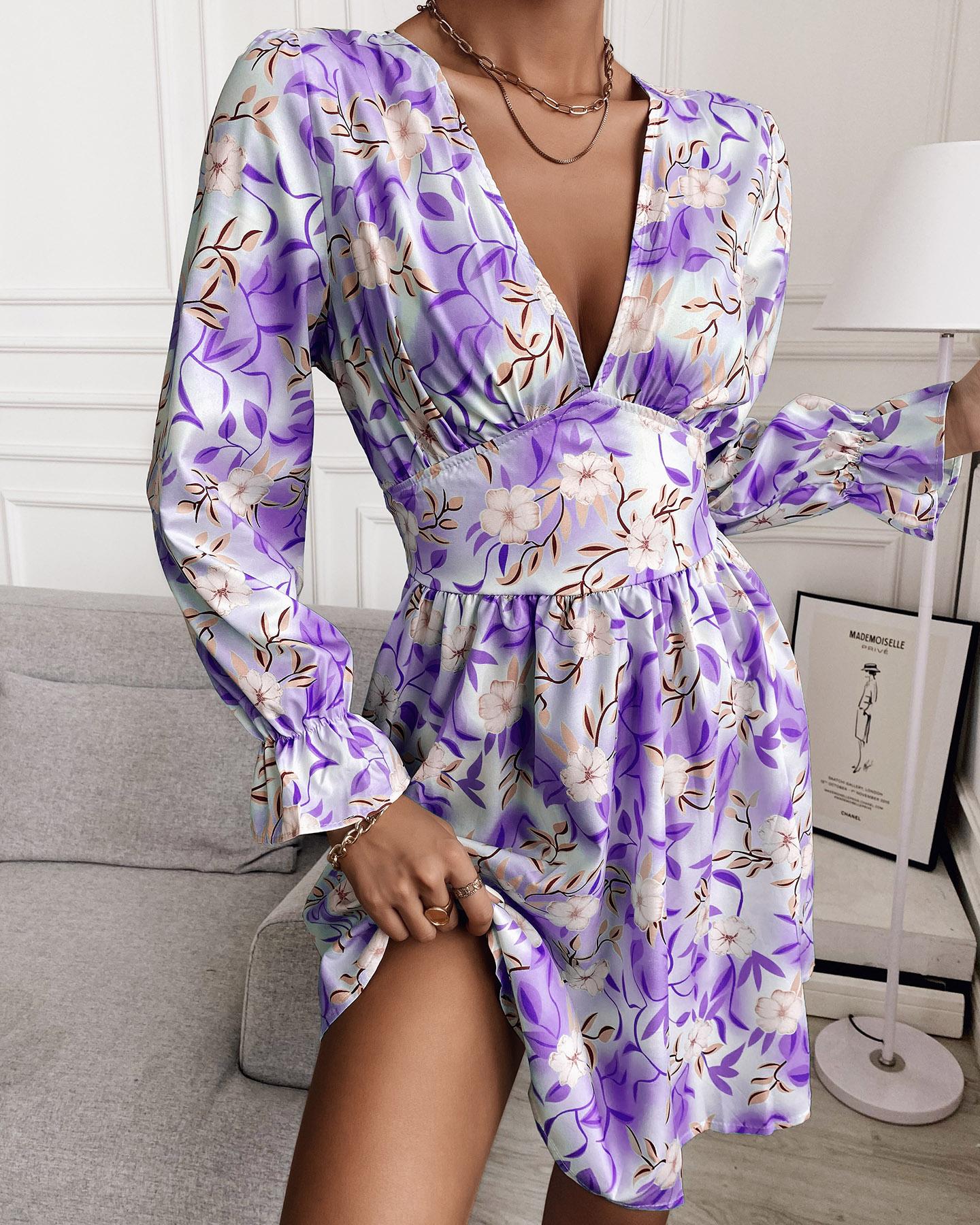 

Floral Print Long Sleeve Loose Dress, Purple
