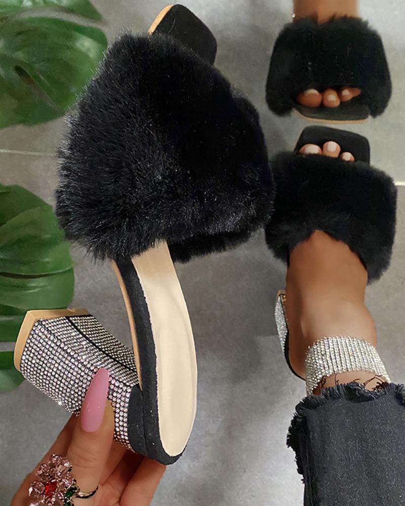 

Square-toe Solid Color Fluffy Heel Sandals, Black