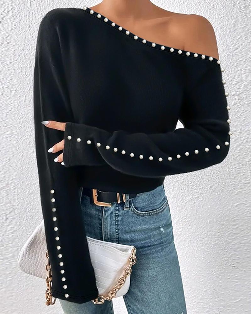 

Skew Neck Pearls Decor Top, Black