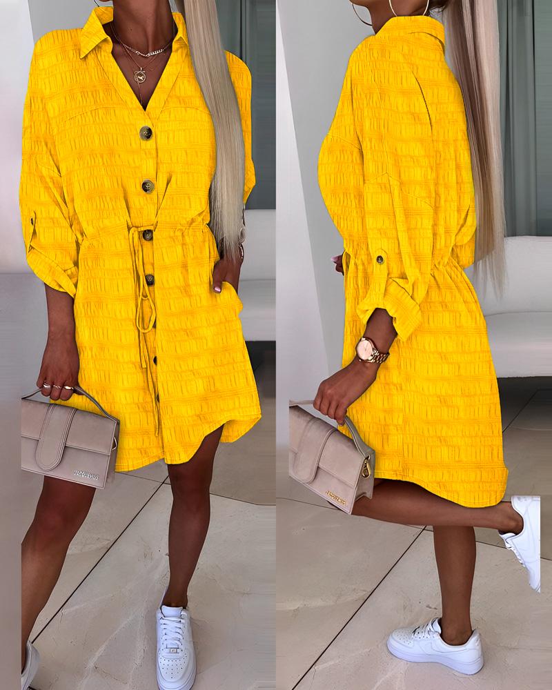 

Roll Up Sleeve Bubble Textured Shirt Dress, Yellow