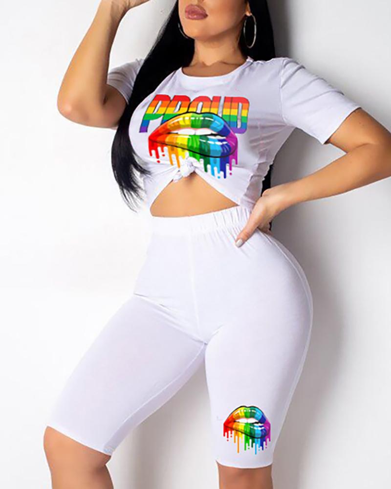 

Mouth Pattern Knotted T-Shirt & Short Sets, White