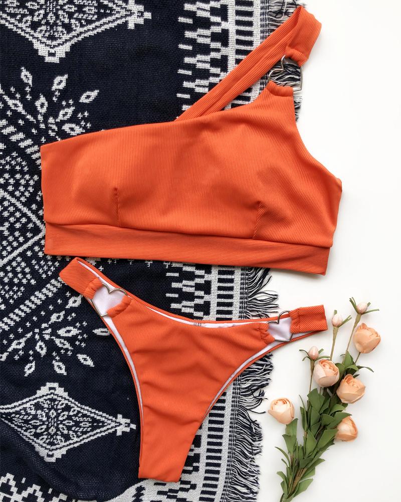 

Ribbed Metal Heart Decor One Shoulder Bikini Set, Orange