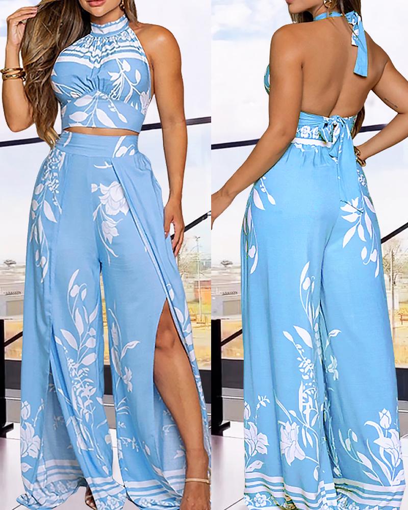 

2 Piece Floral Print Sleeveless Tied Detail Tank Wide Leg Side Slit Long Pants Vacation Pants Set, Lighted blue