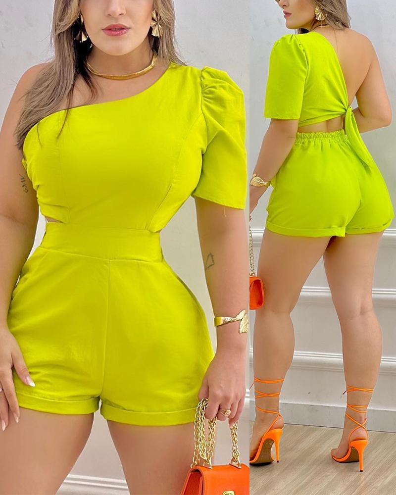 

One Shoulder Cutout Tied Detail Puff Sleeve Romper, Green