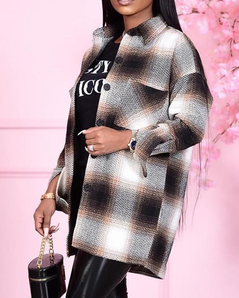 

Plaid Print Buttoned Long Sleeve Shacket, Multicolor