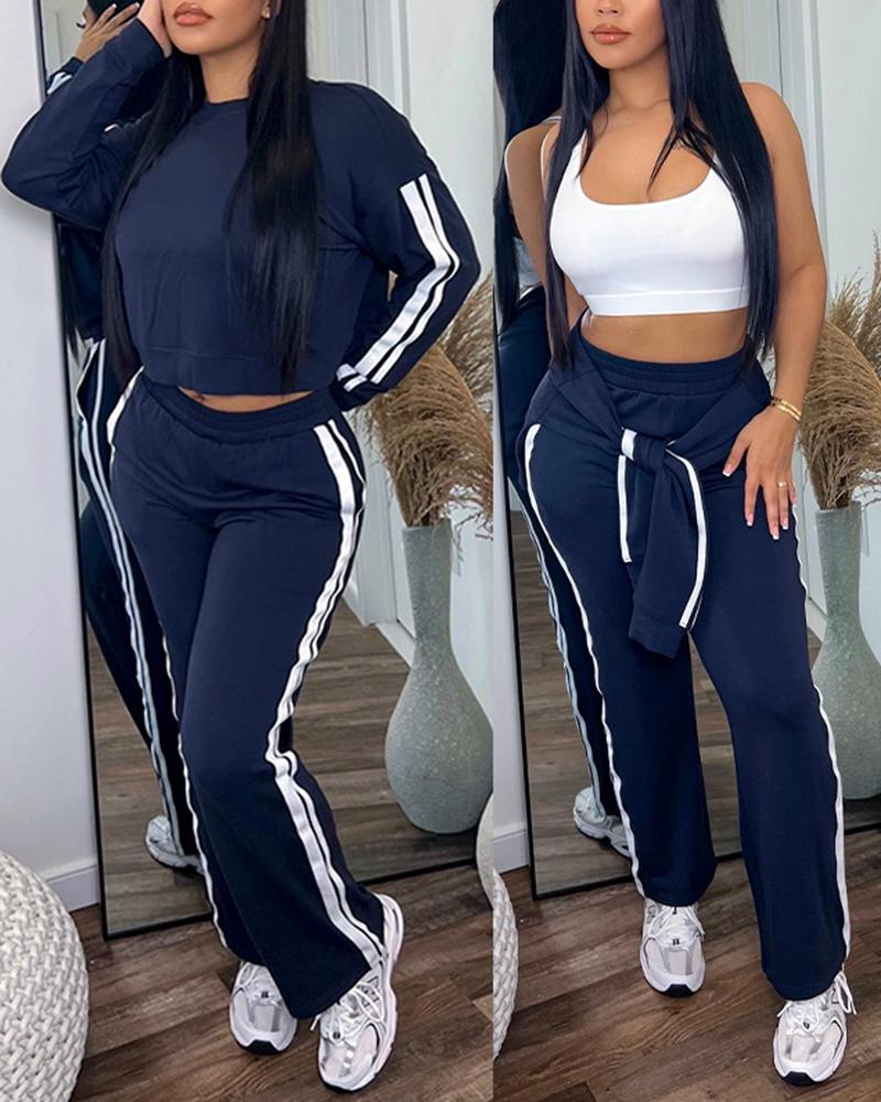 

Side Striped Top & Pocket Design Pants Set, Purplish blue