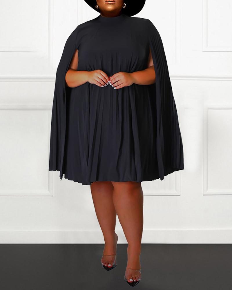 

Plus Size Cloak Sleeve Pleated Casual Dress, Black