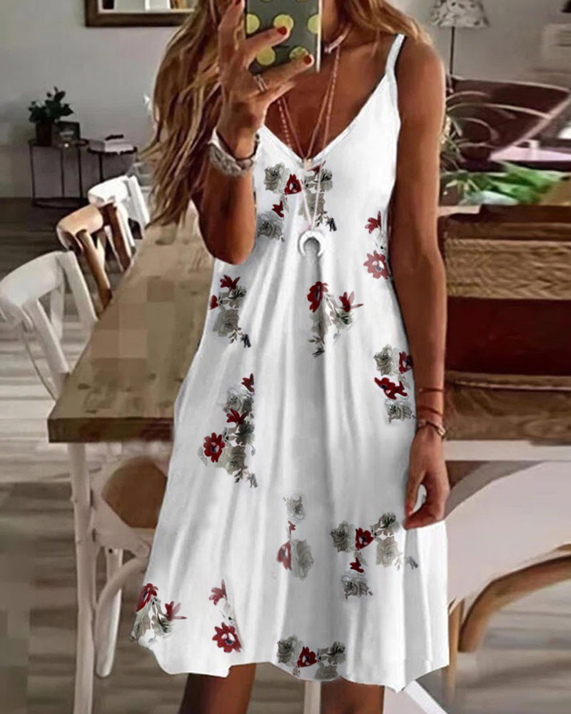 

Floral Print V-Neck Casual Cami Dress, White