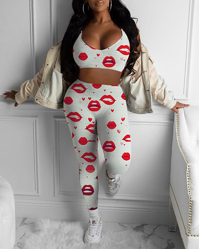 

Lip Heart Print Crop Top & Pants Set, White