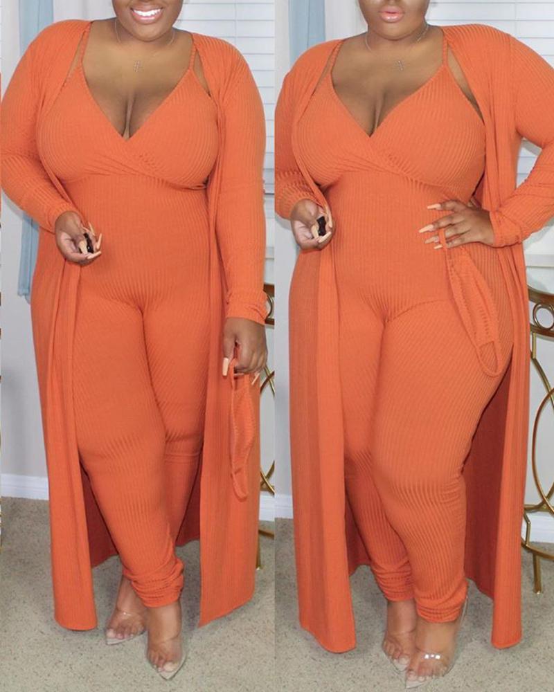 

Plus Size Ribbed Plain Crop Top & Pants Set With Coat & Mask, Orange