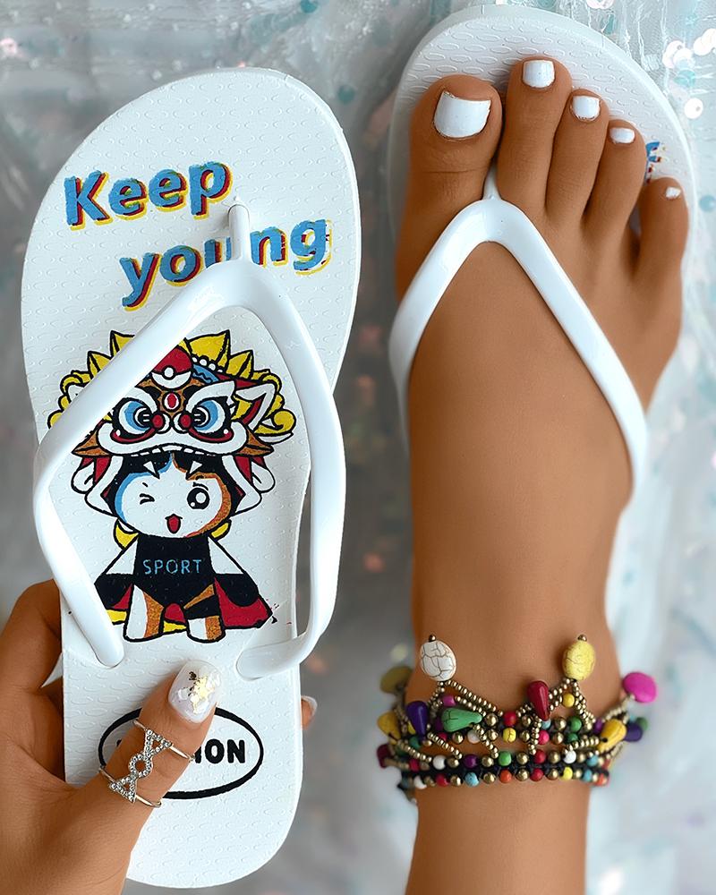 

Cartoon Print Non Slip Toe Post Flip Flops, White