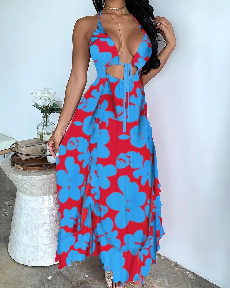 

Floral Print Halter Sleeveless Lace Up Cutout Maxi Dress, Blue